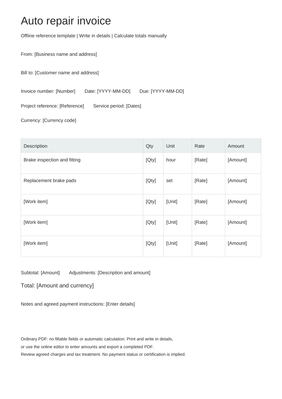 Blank auto repair invoice PDF, full page