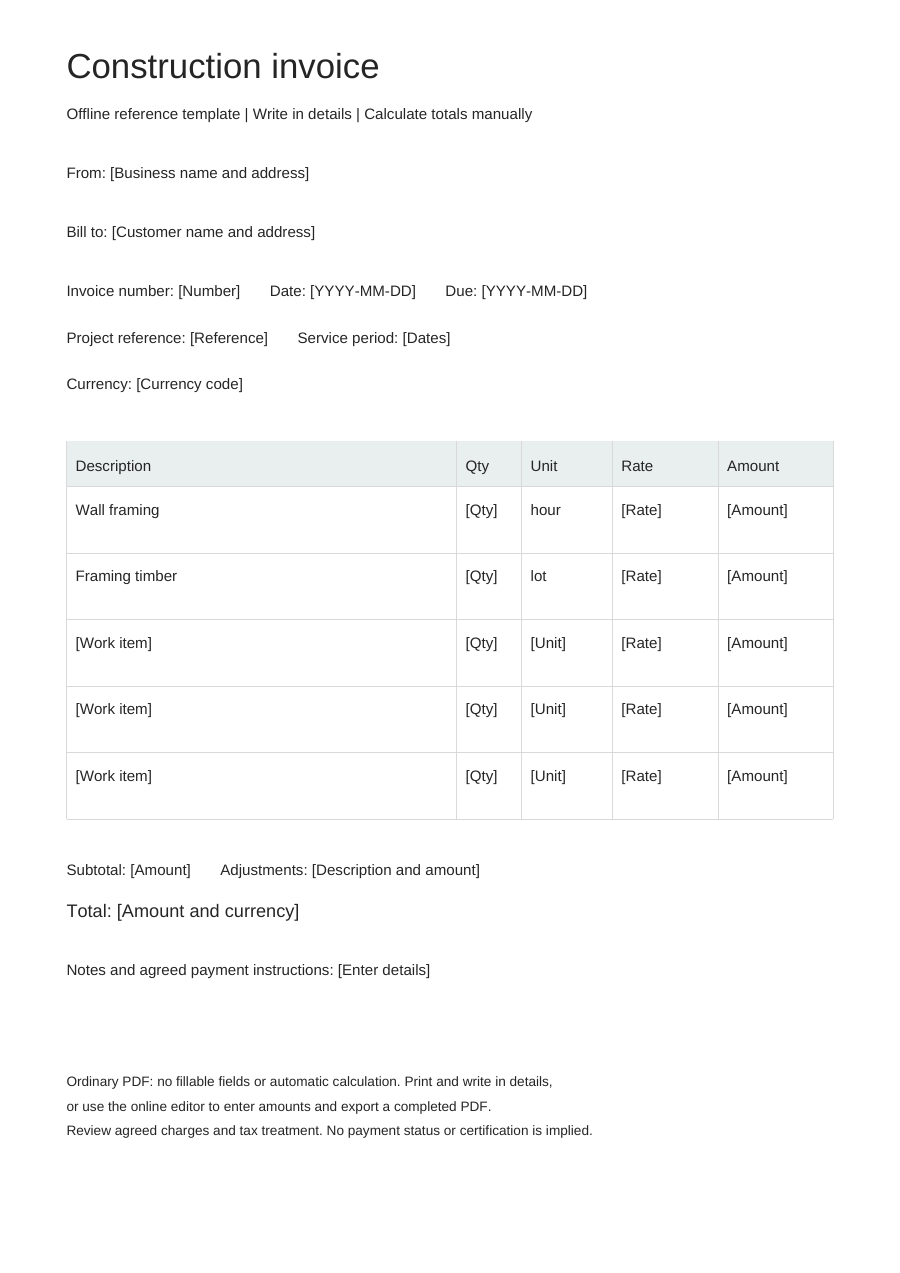 Blank construction invoice PDF, full page