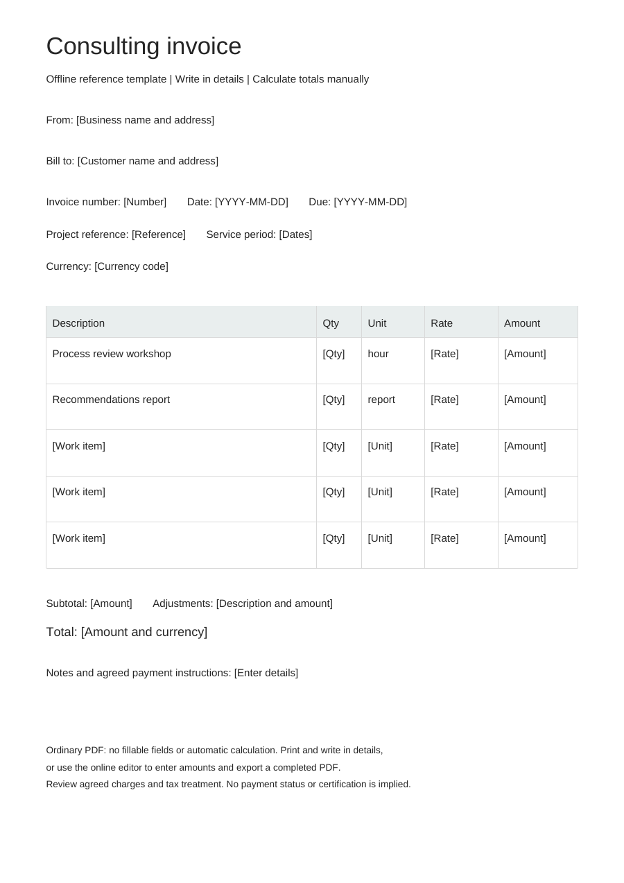 Blank consulting invoice PDF, full page