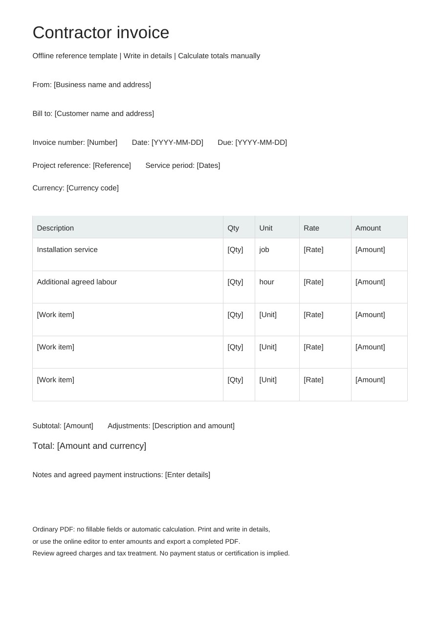 Blank contractor invoice PDF, full page