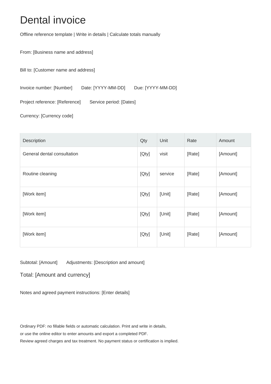 Blank dental invoice PDF, full page