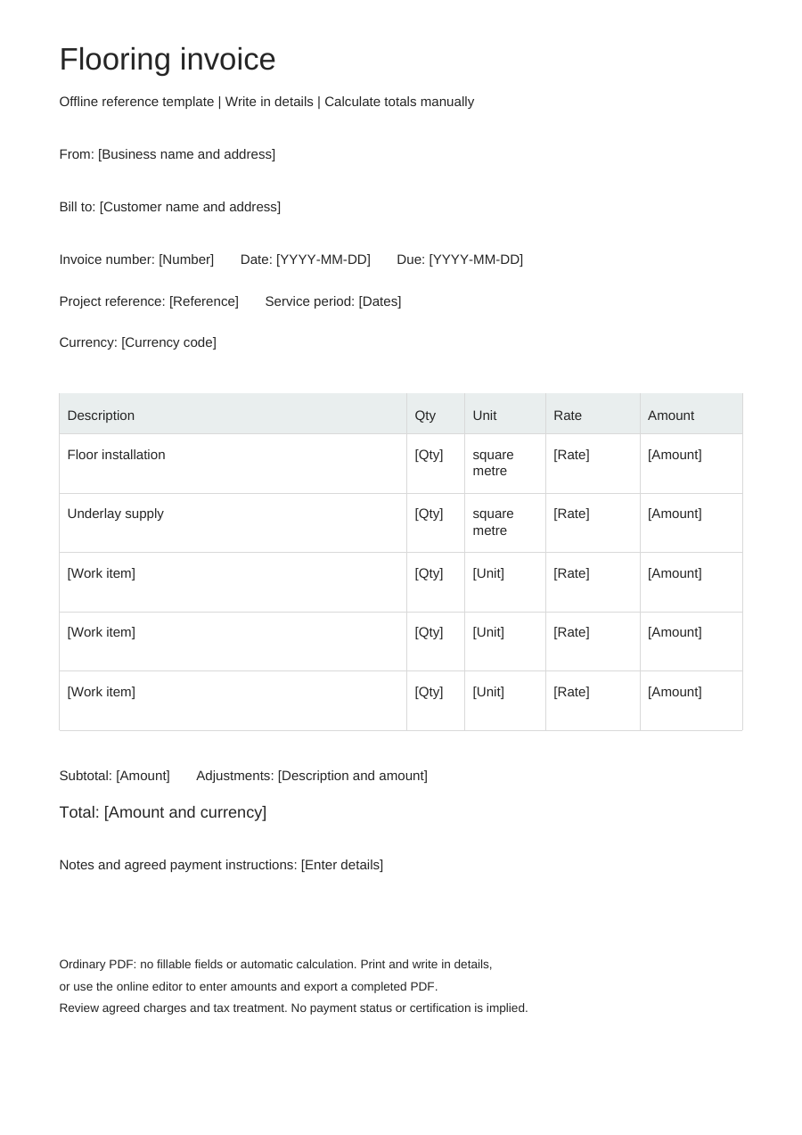 Blank flooring invoice PDF, full page