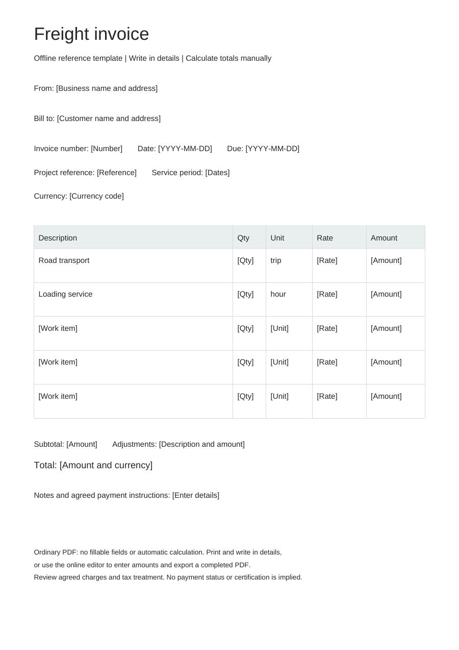 Blank freight invoice PDF, full page
