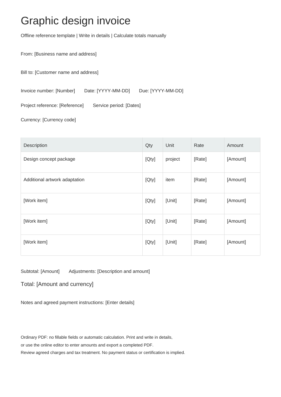 Blank graphic design invoice PDF, full page