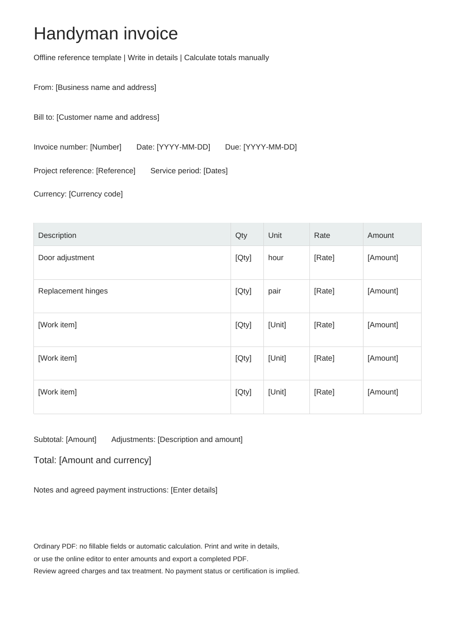 Blank handyman invoice PDF, full page