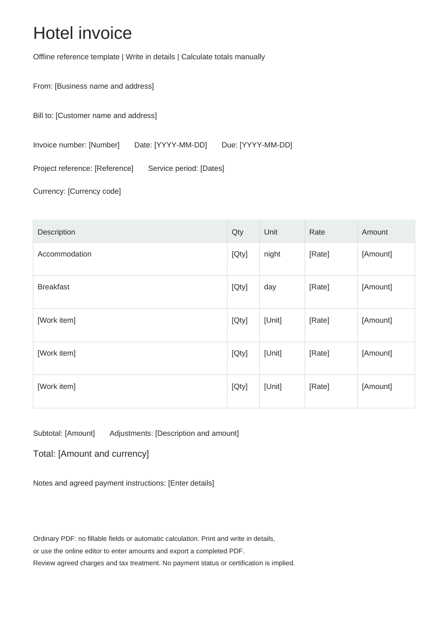 Blank hotel invoice PDF, full page