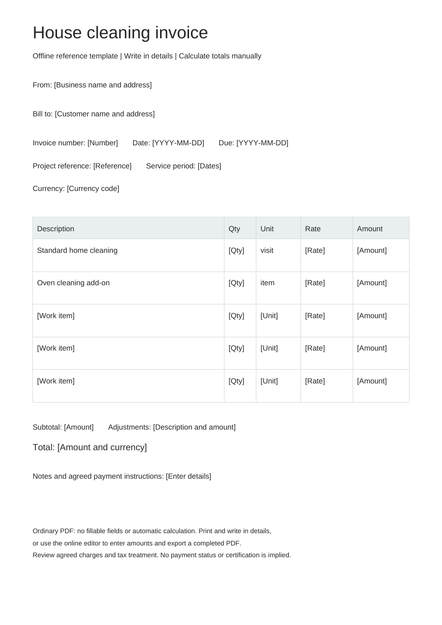 Blank house cleaning invoice PDF, full page