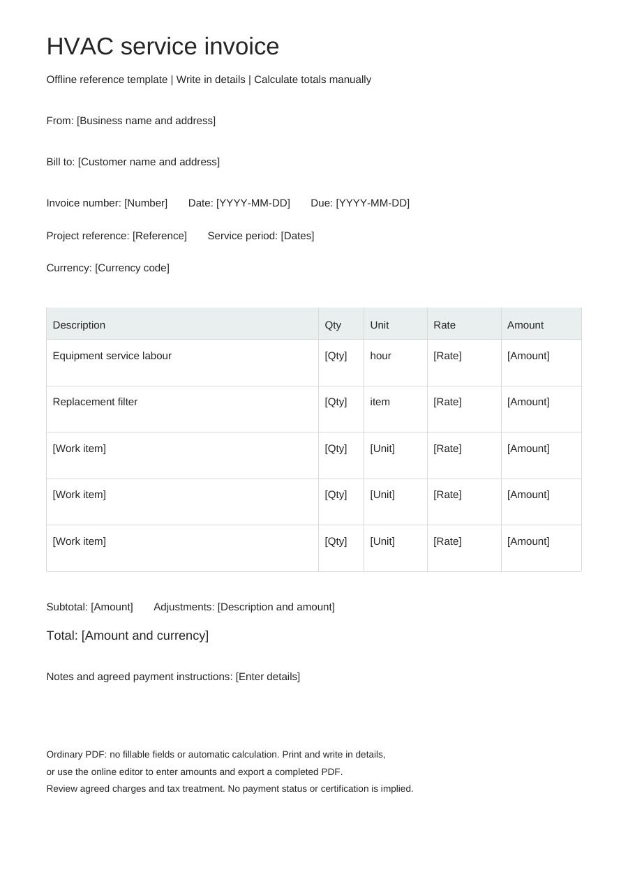 Blank hvac service invoice PDF, full page