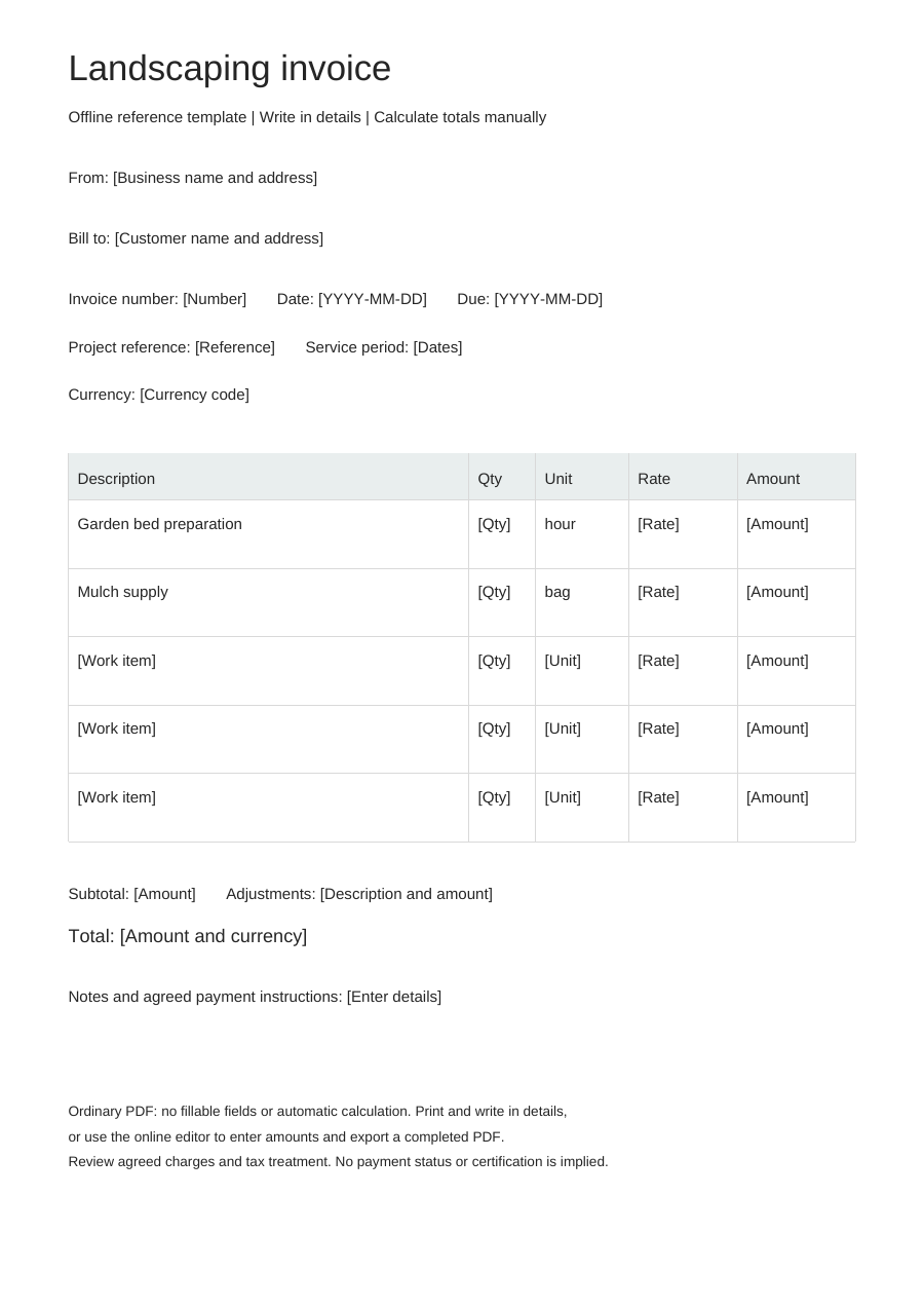 Blank landscaping invoice PDF, full page