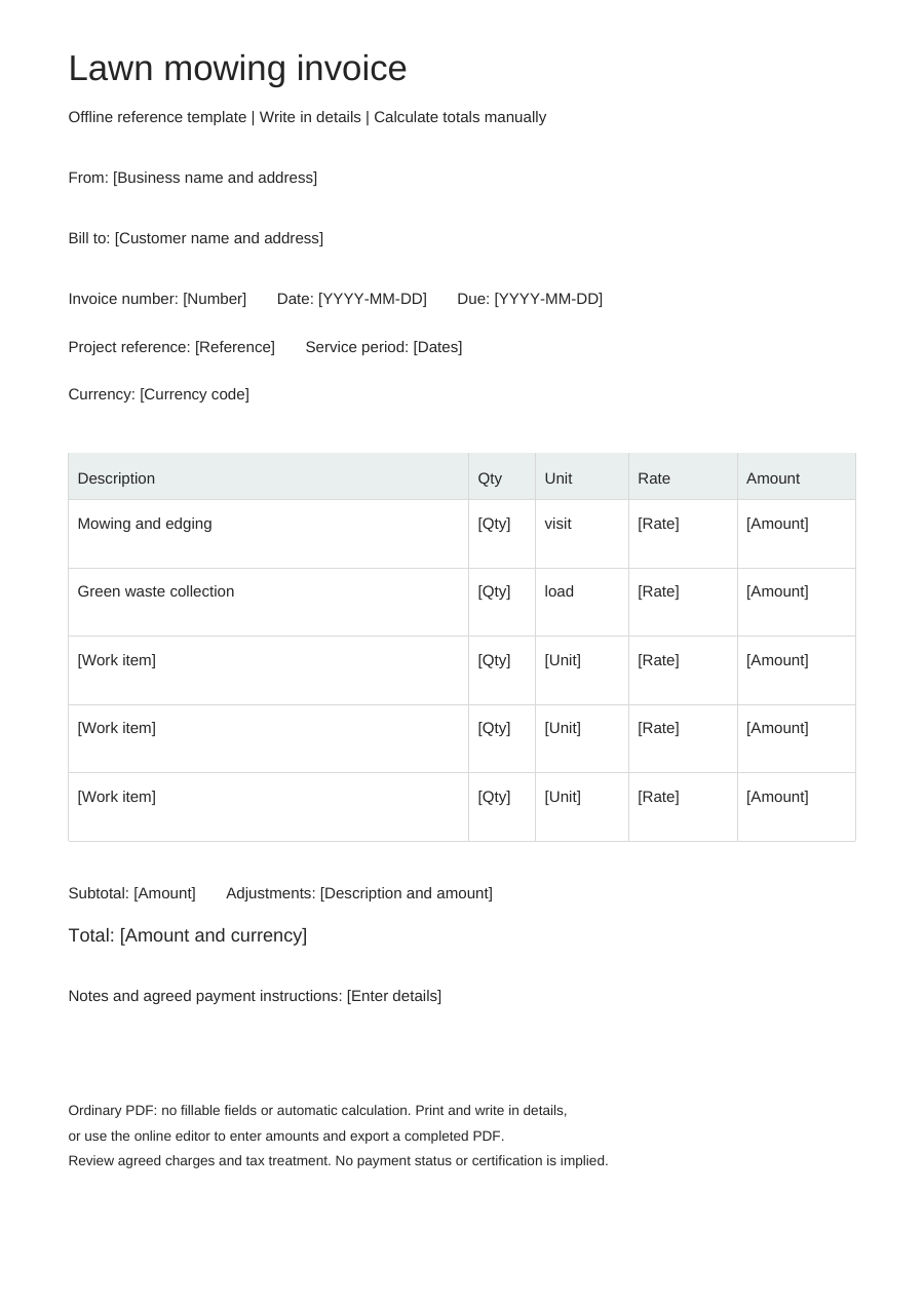 Blank lawn mowing invoice PDF, full page
