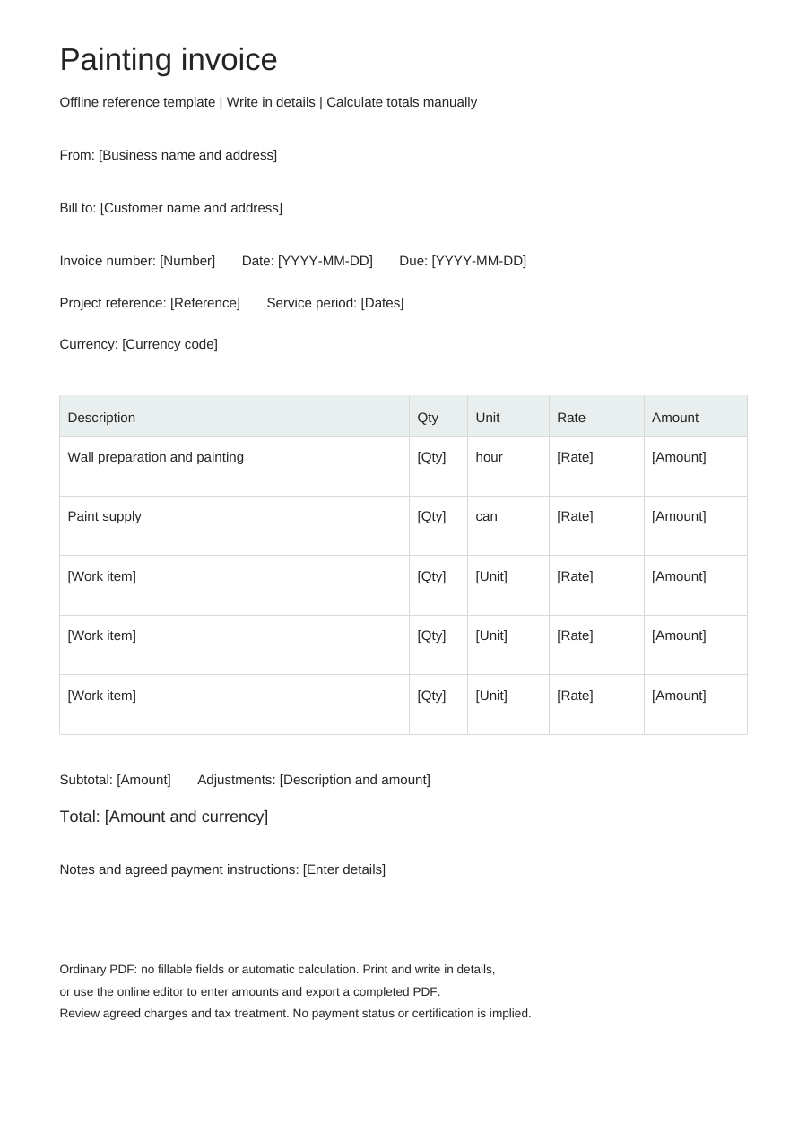 Blank painting invoice PDF, full page