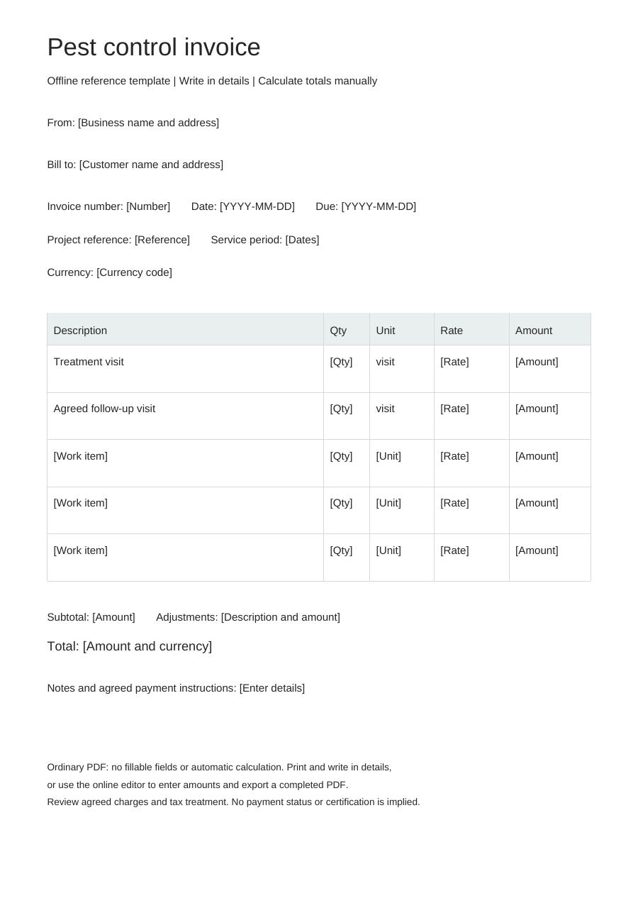 Blank pest control invoice PDF, full page