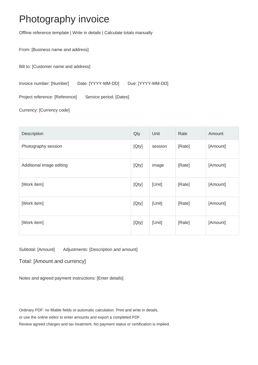 Blank photography invoice PDF, full page