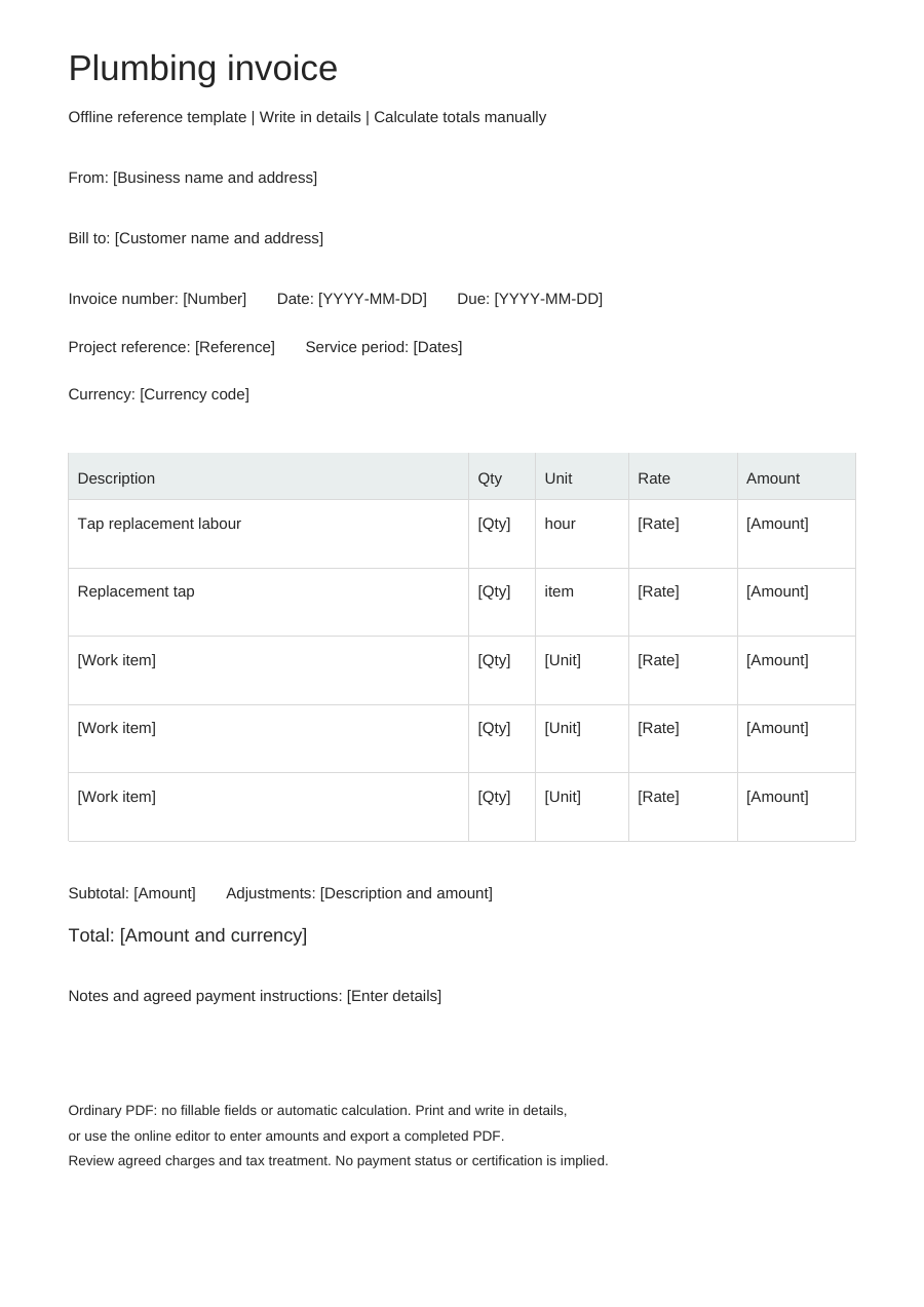 Blank plumbing invoice PDF, full page