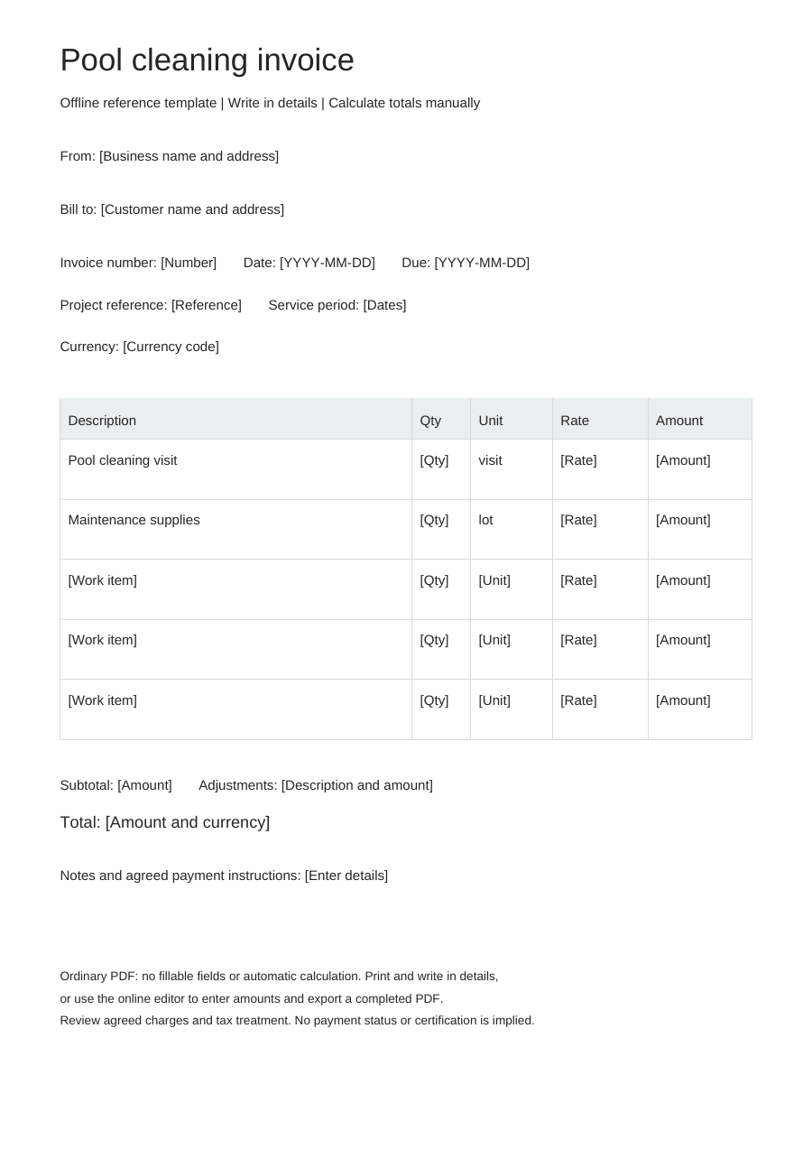 Blank pool cleaning invoice PDF, full page