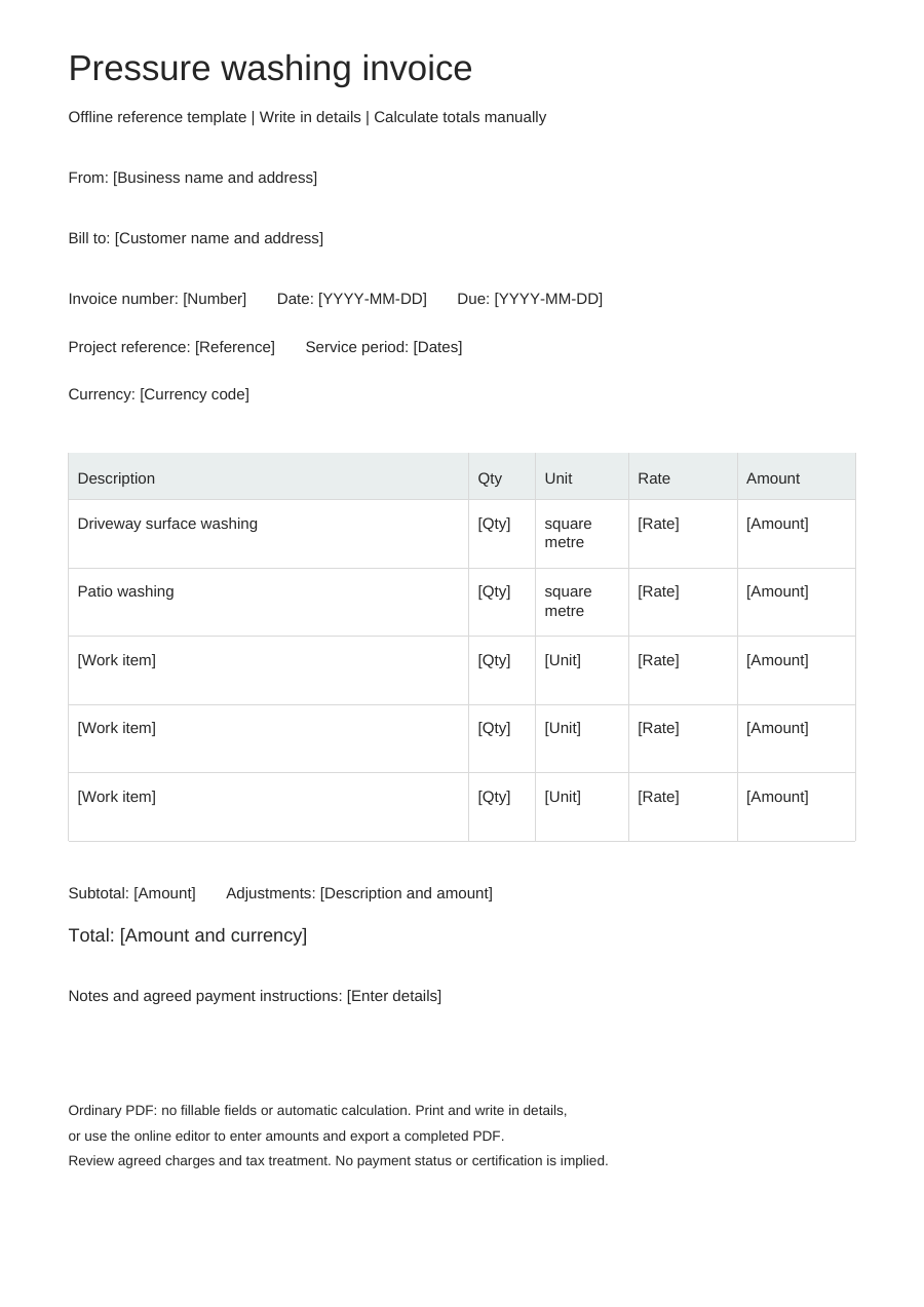 Blank pressure washing invoice PDF, full page