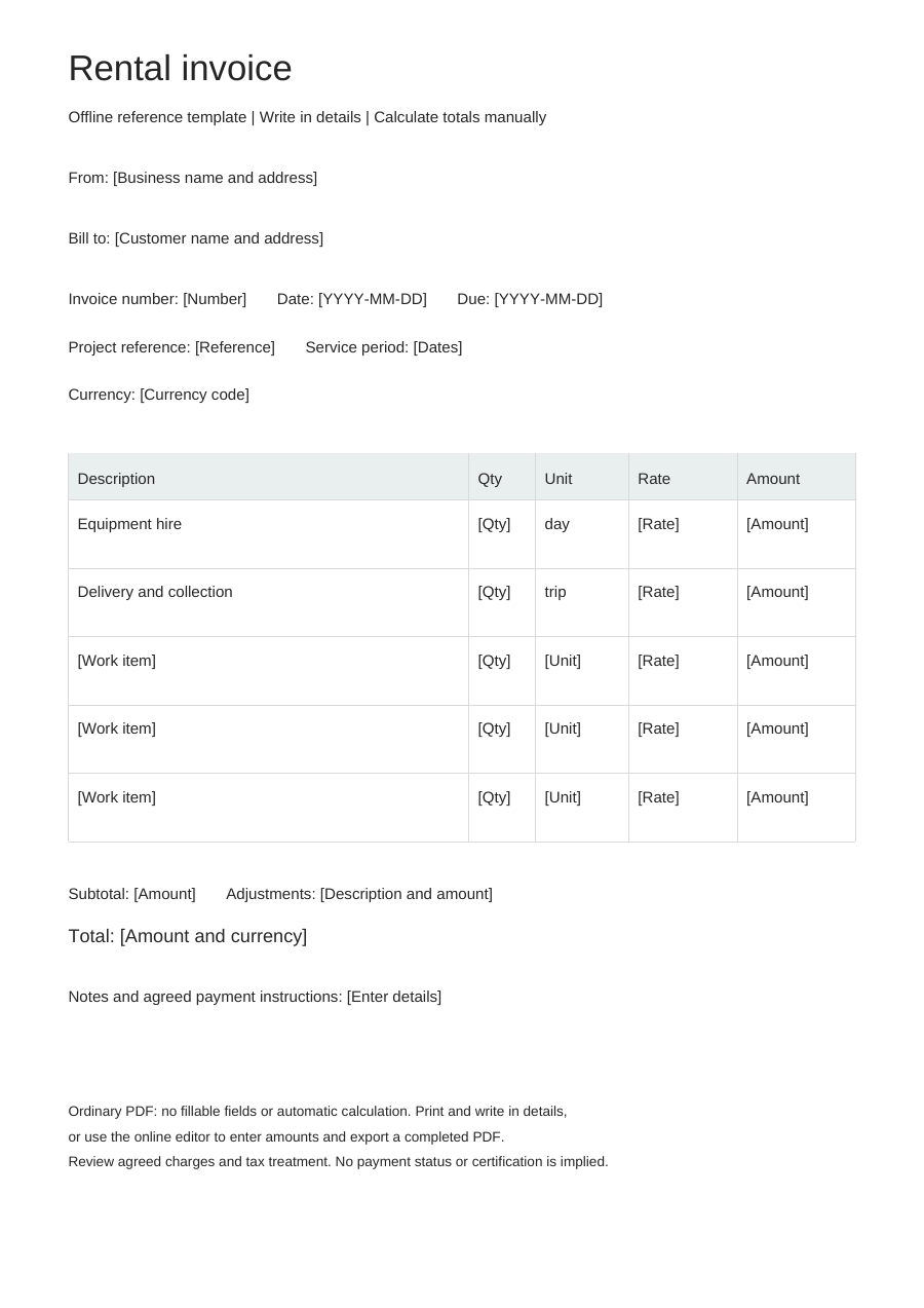 Blank rental invoice PDF, full page