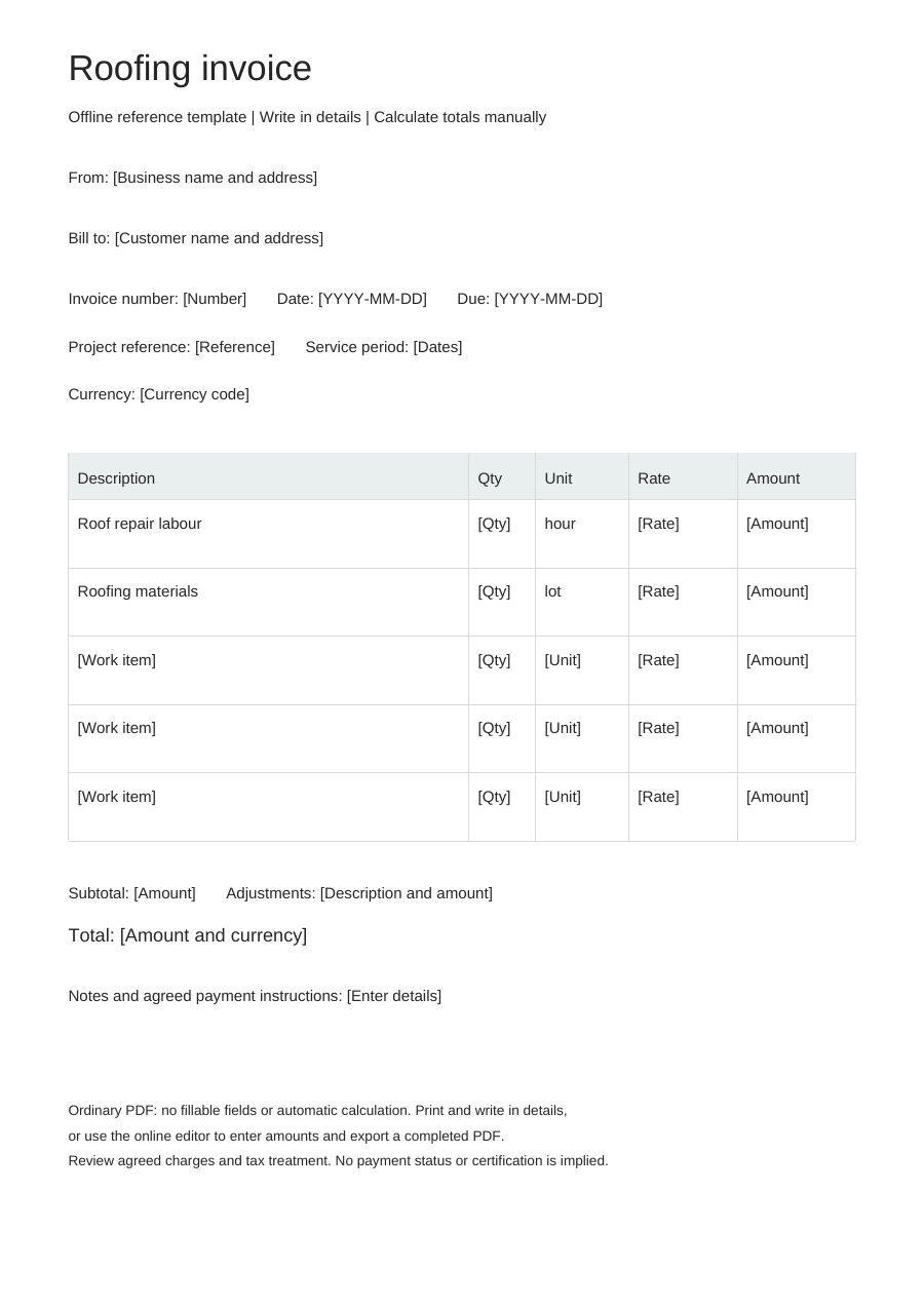 Blank roofing invoice PDF, full page