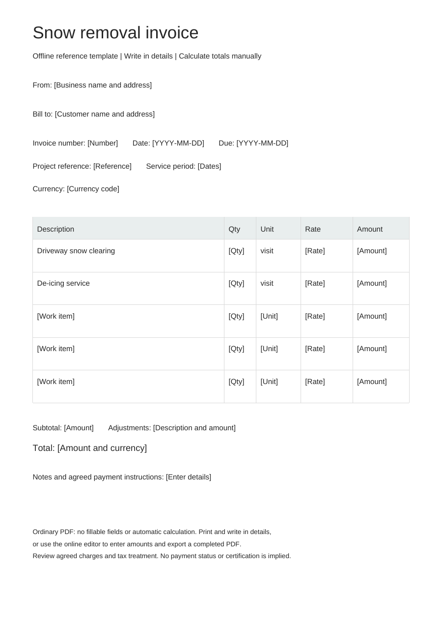Blank snow removal invoice PDF, full page