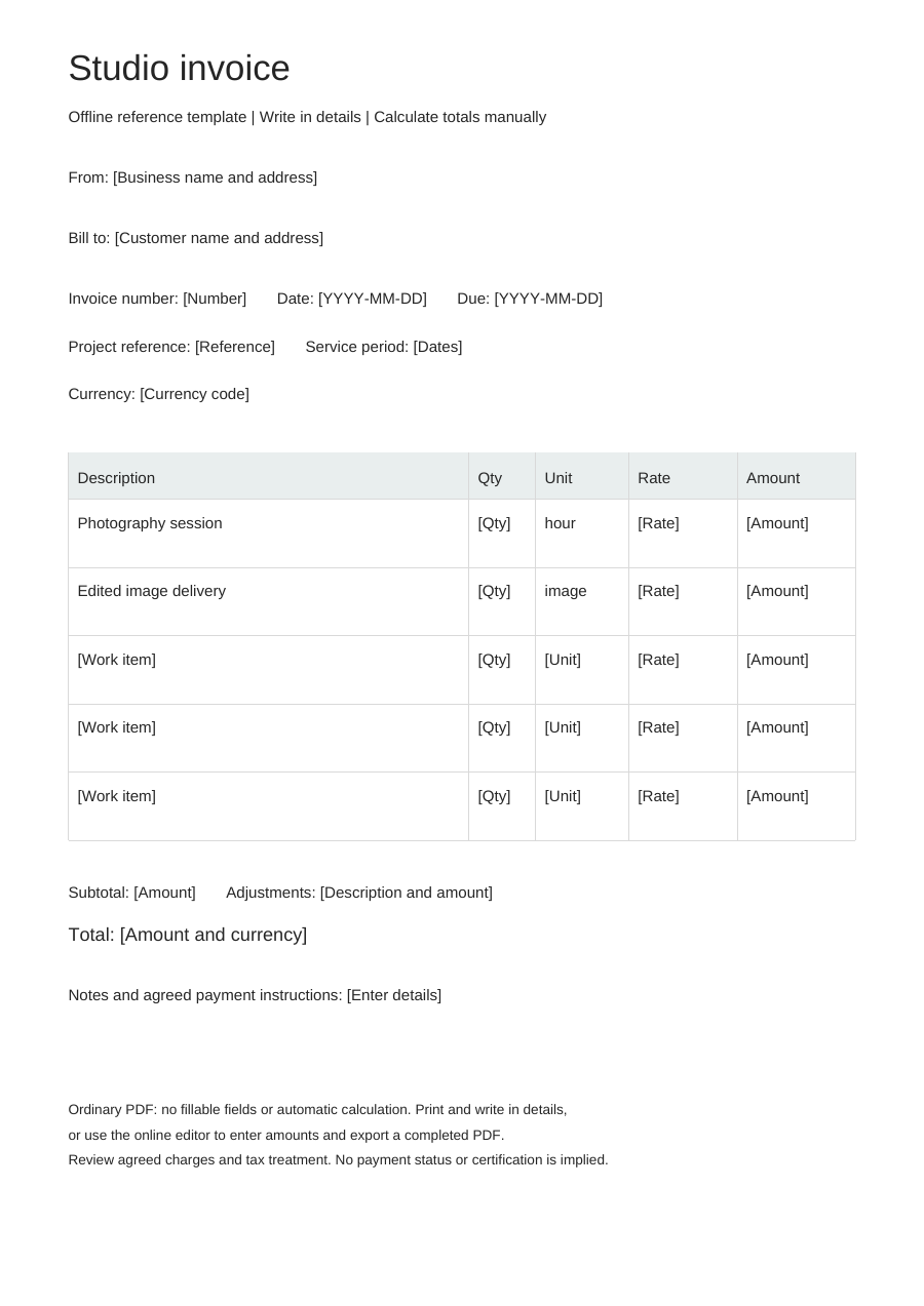 Blank studio invoice PDF, full page