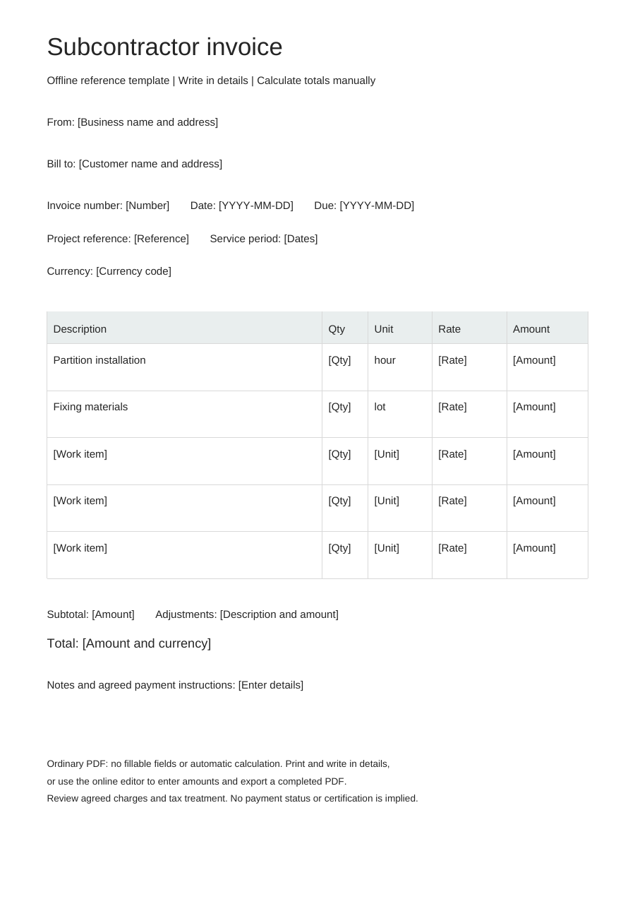 Blank subcontractor invoice PDF, full page