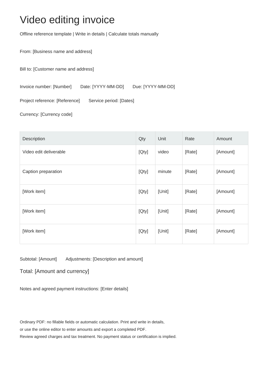 Blank video editing invoice PDF, full page