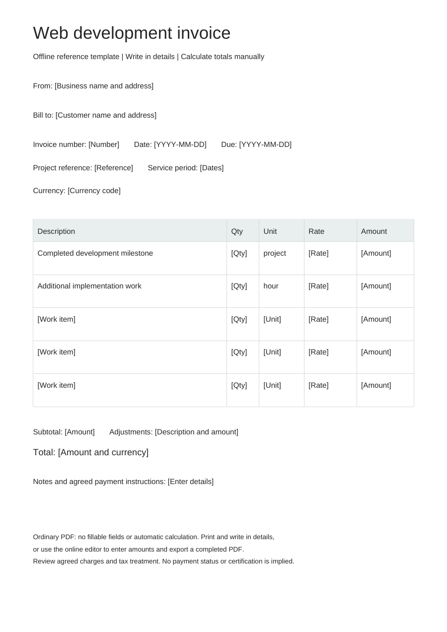 Blank web development invoice PDF, full page